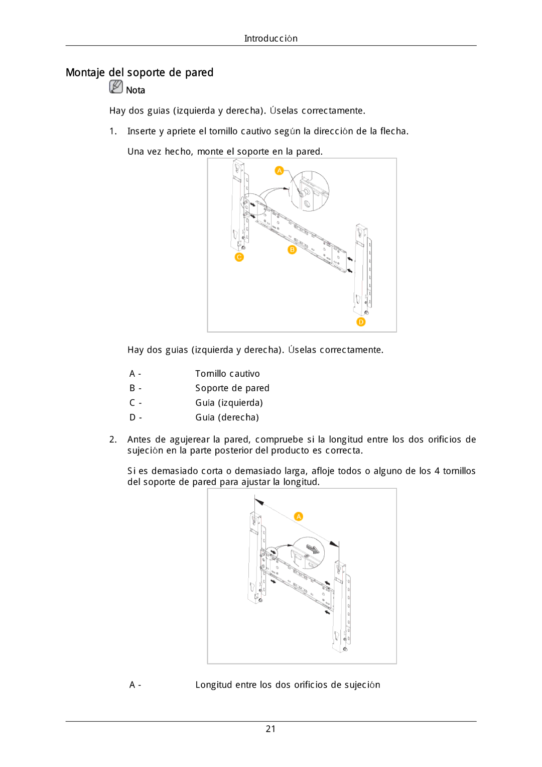 Samsung LH46MGULGD/EN, LH40DLPLGD/EN, LH46DLTLGD/EN, LH40DLTLGD/EN, LH46DLPLGD/EN manual Montaje del soporte de pared, Nota 