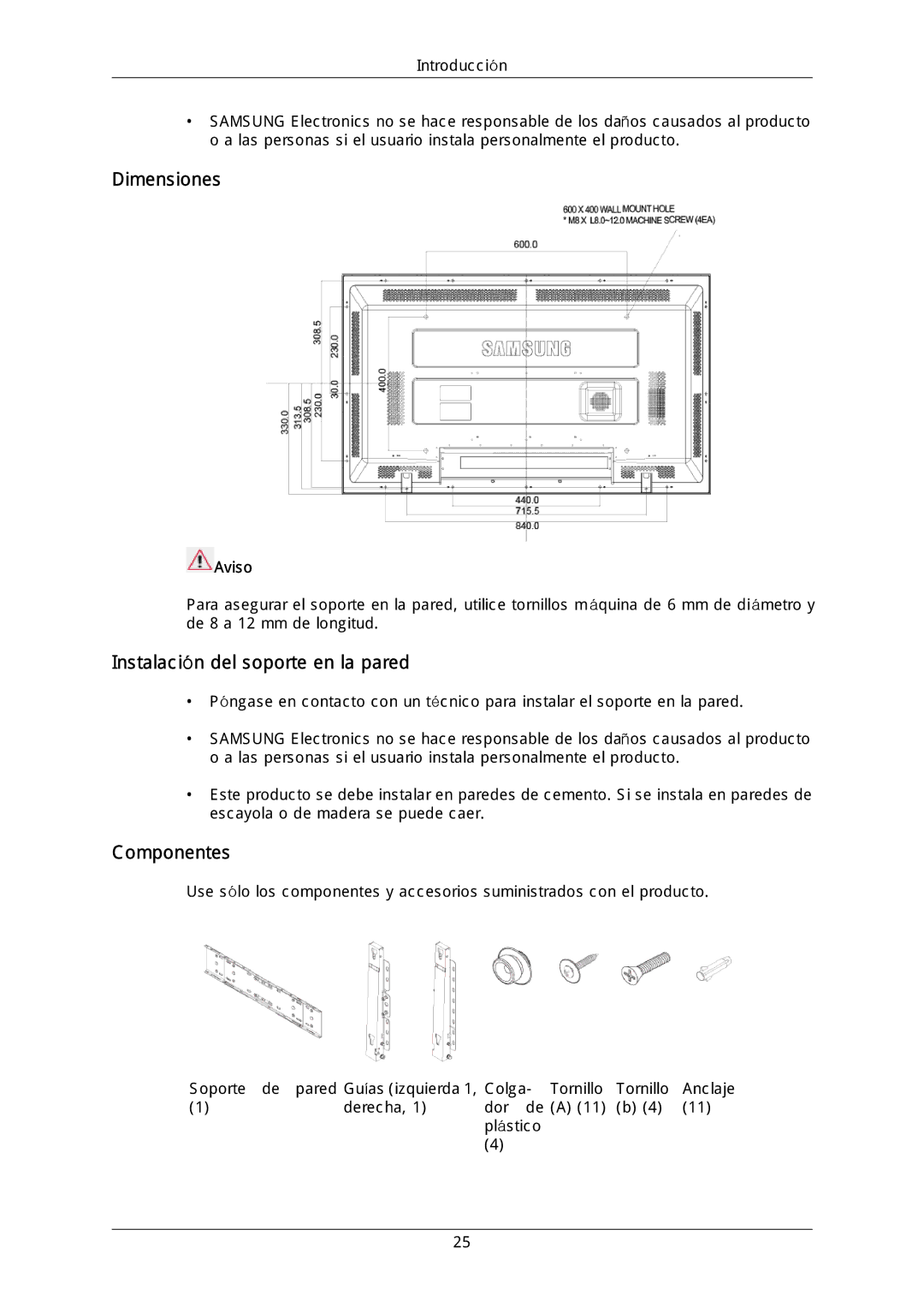 Samsung LH40DLTLGD/EN, LH40DLPLGD/EN, LH46DLTLGD/EN, LH46DLPLGD/EN, LFD-WBM2/S40A5, LH46MGQLGD/EN, LH46MGULGD/EN Dimensiones 