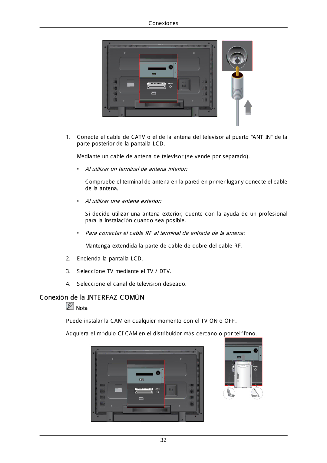 Samsung LH46DLTLGD/EN, LH40DLPLGD/EN manual Conexión de la Interfaz Común, Al utilizar un terminal de antena interior 