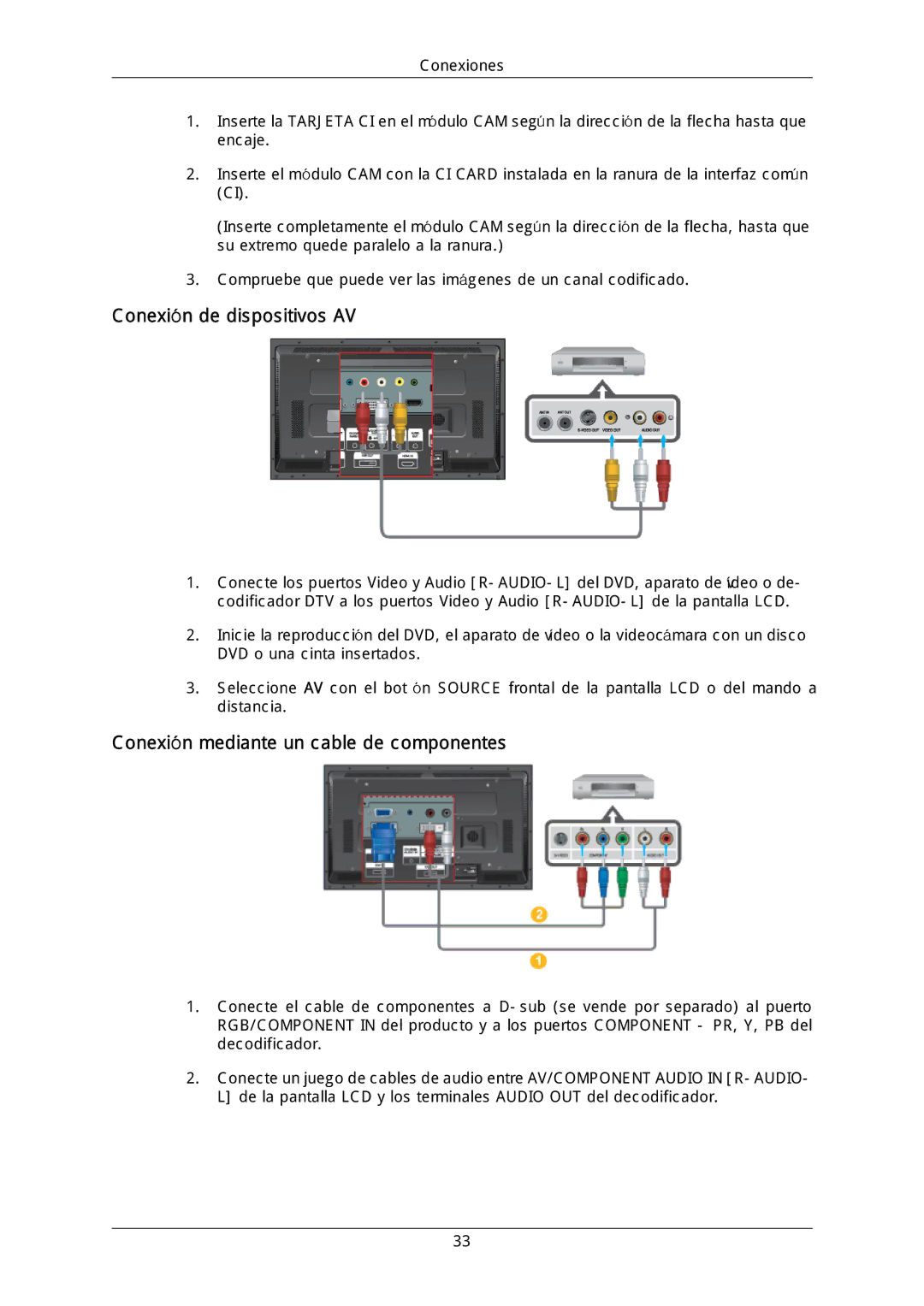 Samsung LH40DLTLGD/EN, LH40DLPLGD/EN, LH46DLTLGD/EN Conexión de dispositivos AV, Conexión mediante un cable de componentes 