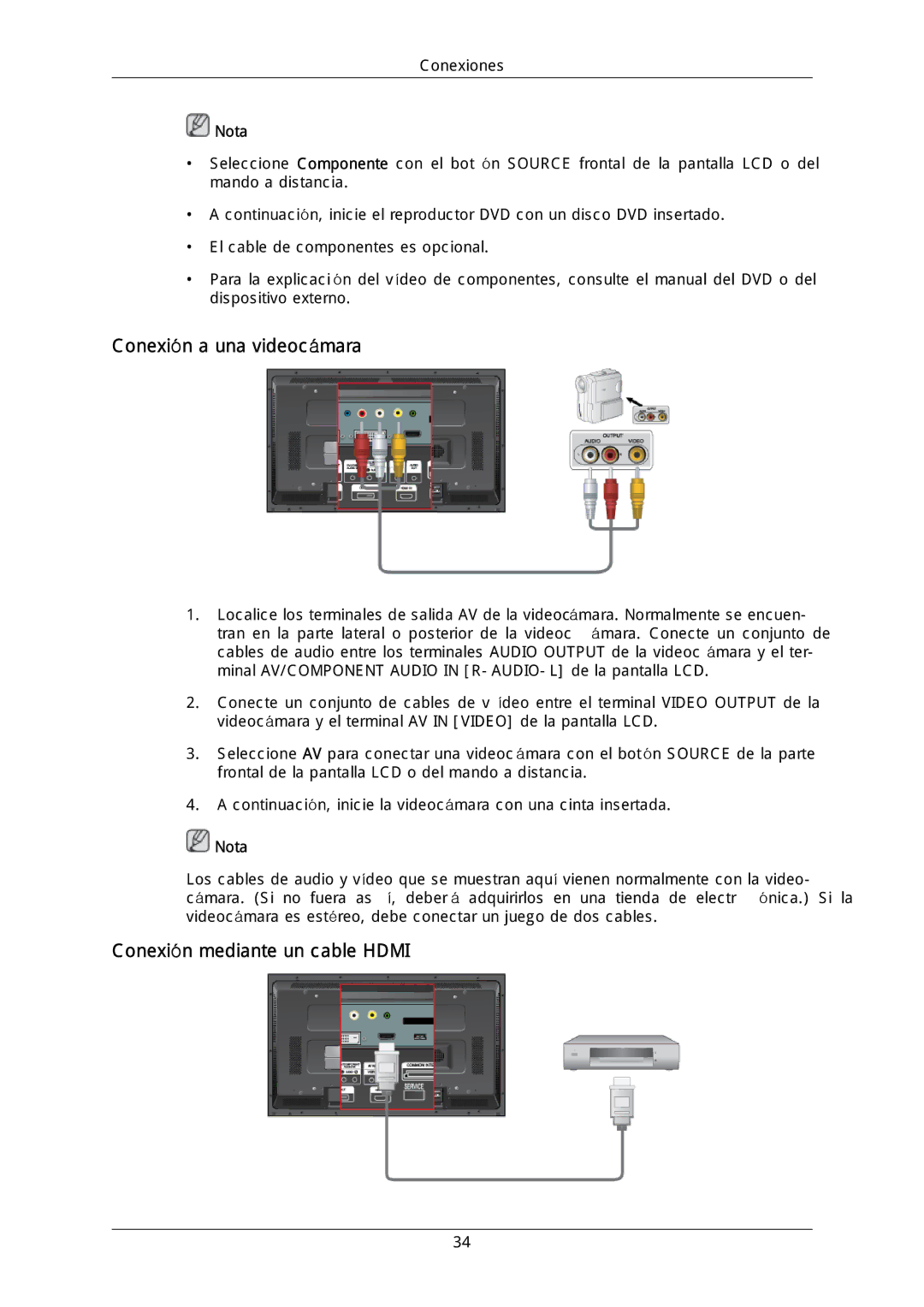 Samsung LH46DLPLGD/EN, LH40DLPLGD/EN, LH46DLTLGD/EN manual Conexión a una videocámara, Conexión mediante un cable Hdmi 