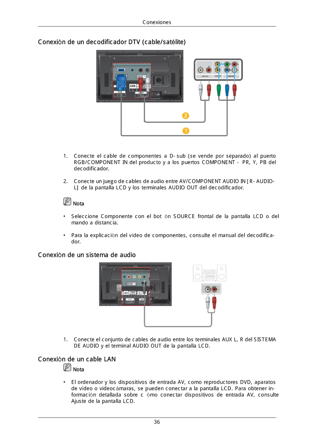 Samsung LH46MGQLGD/EN, LH40DLPLGD/EN manual Conexión de un decodificador DTV cable/satélite, Conexión de un sistema de audio 