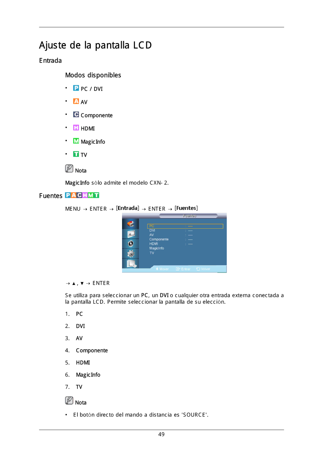 Samsung LH40DLPLGD/EN, LH46DLTLGD/EN, LH40DLTLGD/EN Entrada Modos disponibles, Fuentes, PC / DVI Componente, MagicInfo Nota 