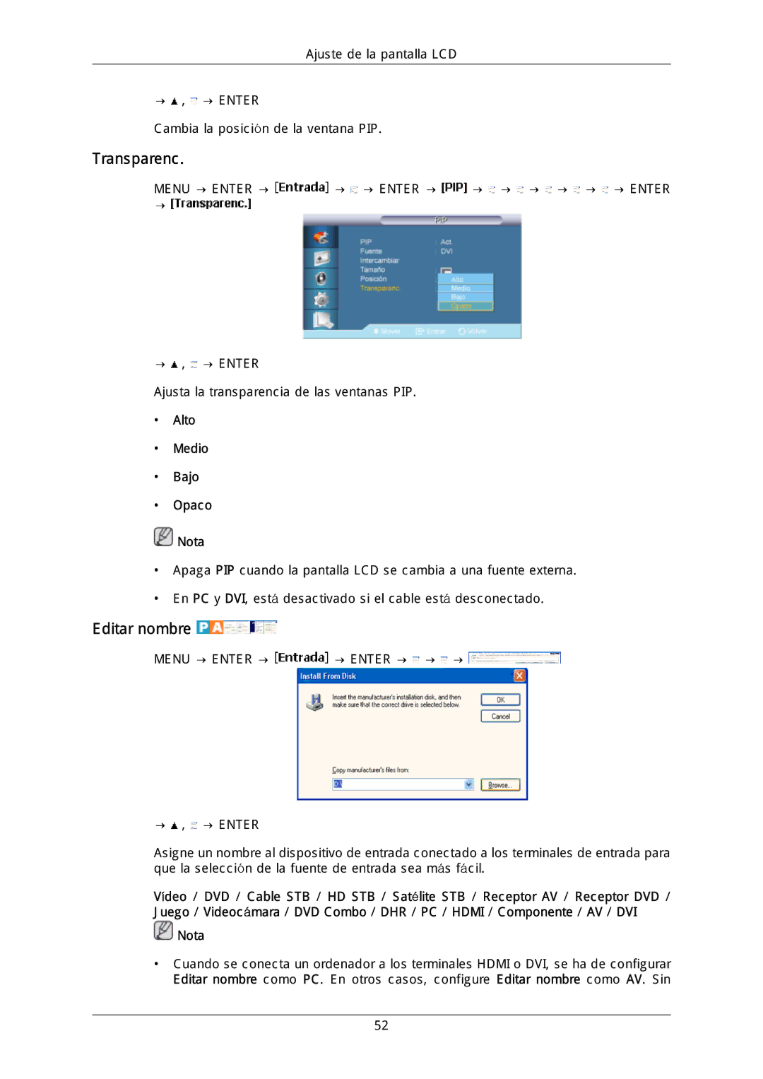 Samsung LH46DLPLGD/EN, LH40DLPLGD/EN, LH46DLTLGD/EN, LH40DLTLGD/EN Transparenc, Editar nombre, Alto Medio Bajo Opaco Nota 