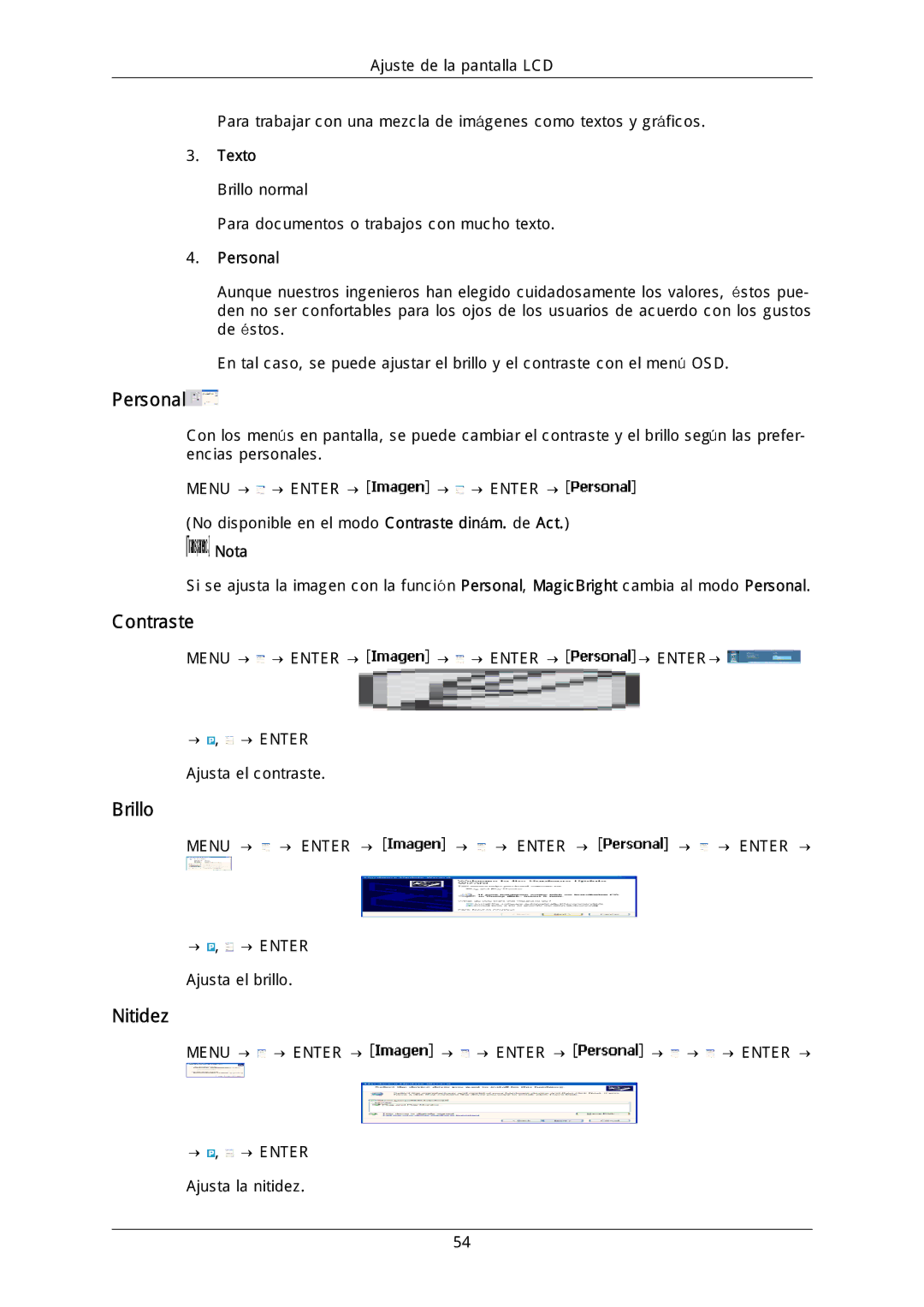 Samsung LH46MGQLGD/EN, LH40DLPLGD/EN, LH46DLTLGD/EN, LH40DLTLGD/EN, LH46DLPLGD/EN manual Personal, Contraste, Brillo, Nitidez 