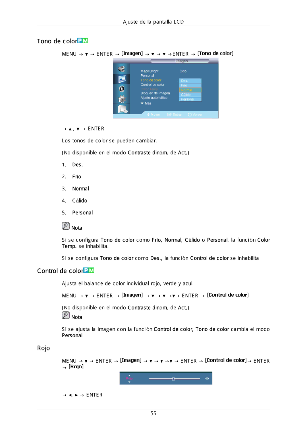 Samsung LH46MGULGD/EN, LH40DLPLGD/EN manual Tono de color, Control de color, Rojo, Des Frío Normal Cálido Personal Nota 