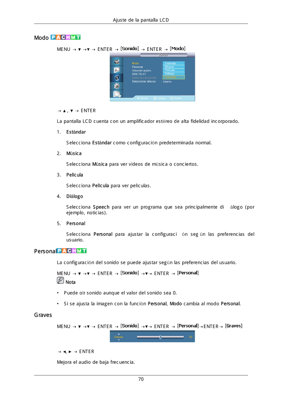 Samsung LH46MGQLGD/EN, LH40DLPLGD/EN, LH46DLTLGD/EN, LH40DLTLGD/EN, LH46DLPLGD/EN, LFD-WBM2/S40A5 manual Graves, Música, Diálogo 