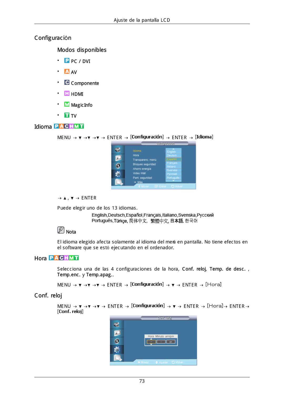 Samsung LH40DLPLGD/EN, LH46DLTLGD/EN, LH40DLTLGD/EN manual Configuración Modos disponibles, Idioma, Hora, Conf. reloj 