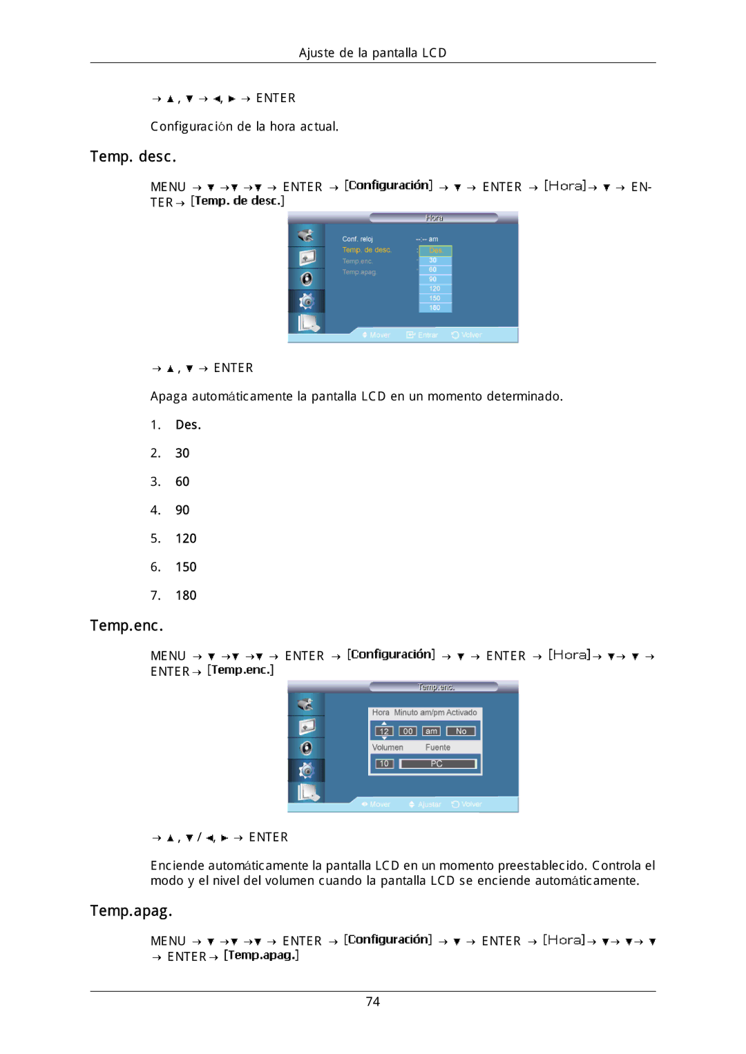 Samsung LH46DLTLGD/EN, LH40DLPLGD/EN, LH40DLTLGD/EN, LH46DLPLGD/EN, LFD-WBM2/S40A5 manual Temp. desc, Temp.enc, Temp.apag, Des 