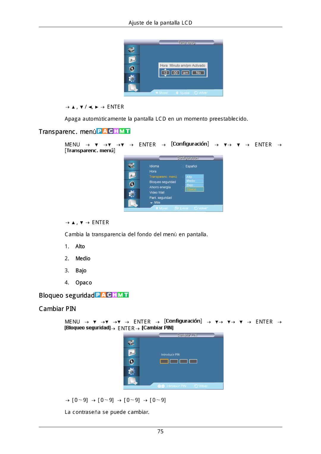 Samsung LH40DLTLGD/EN, LH40DLPLGD/EN, LH46DLTLGD/EN Transparenc. menú, Bloqueo seguridad Cambiar PIN, Alto Medio Bajo Opaco 