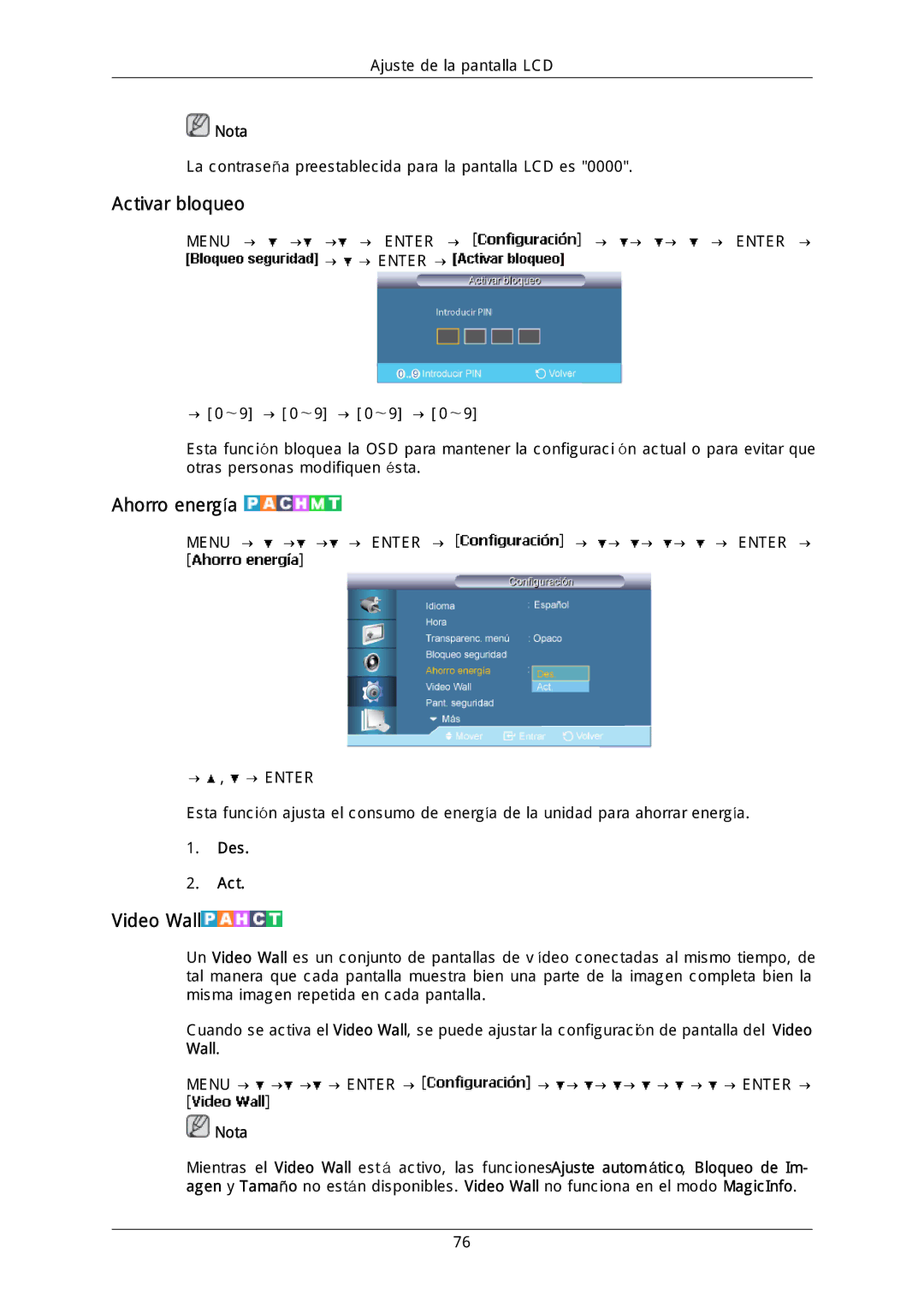 Samsung LH46DLPLGD/EN, LH40DLPLGD/EN, LH46DLTLGD/EN, LH40DLTLGD/EN, LH46MGQLGD/EN Activar bloqueo, Ahorro energía, Video Wall 