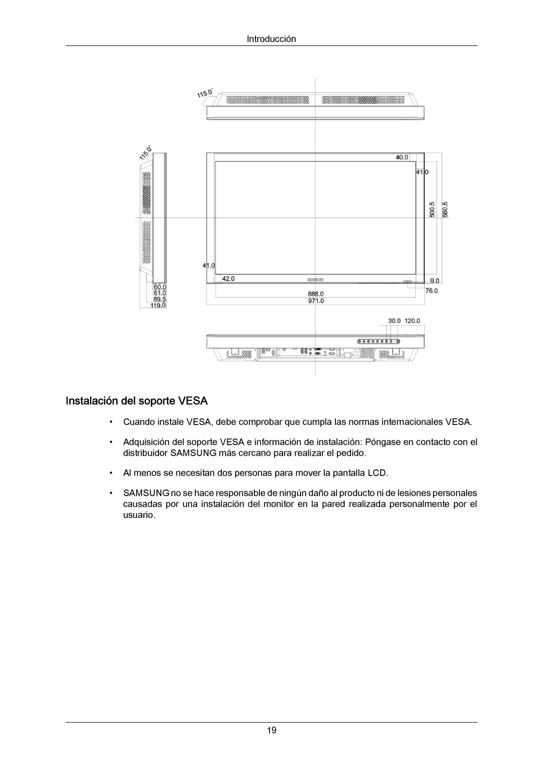 Samsung LFD-WBM2/S40A5, LH40DLPLGD/EN, LH46DLTLGD/EN, LH40DLTLGD/EN, LH46DLPLGD/EN, LH46MGQLGD/EN Instalación del soporte Vesa 