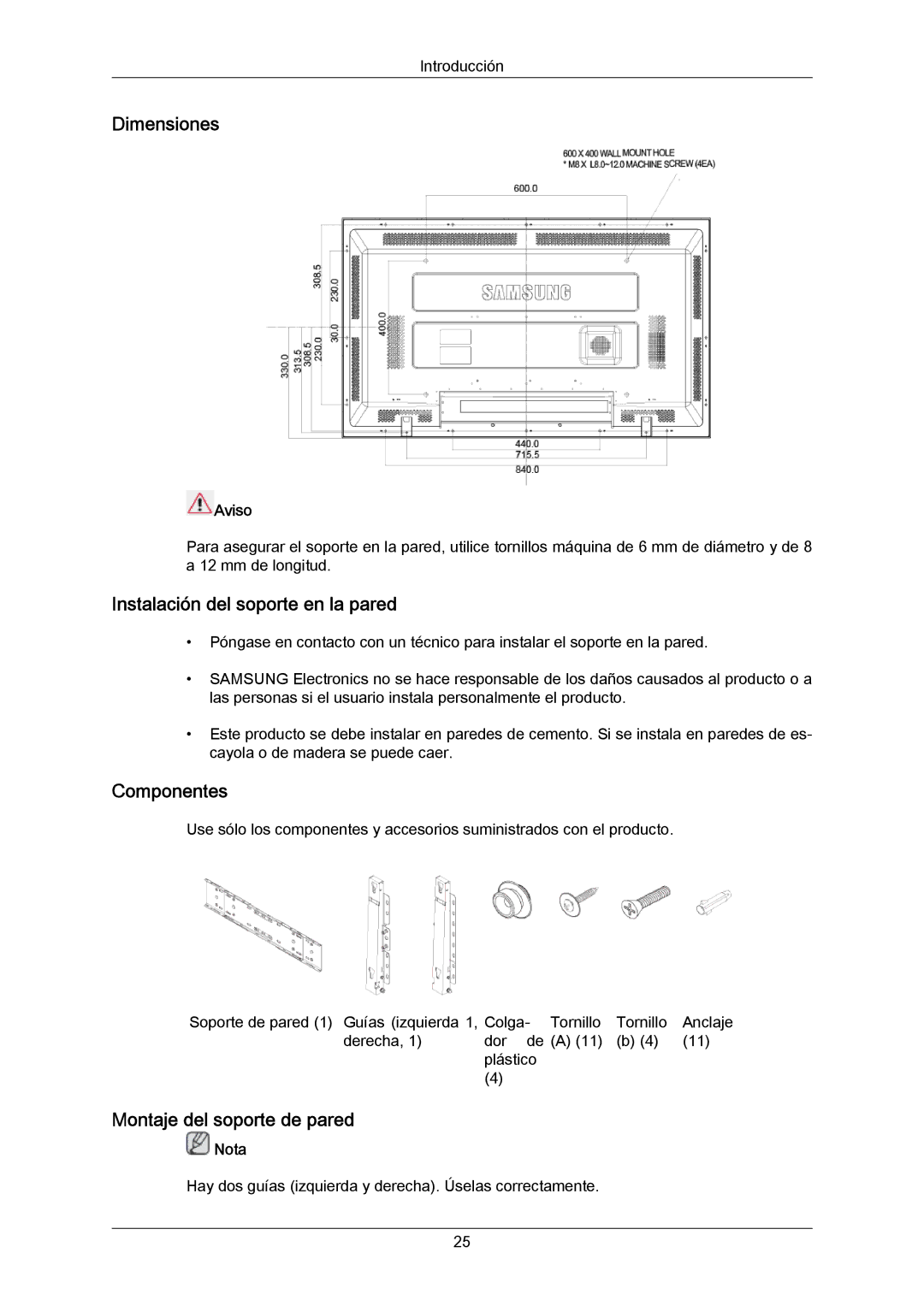 Samsung LH40DLTLGD/EN, LH40DLPLGD/EN, LH46DLTLGD/EN, LH46DLPLGD/EN, LFD-WBM2/S40A5, LH46MGQLGD/EN, LH46MGULGD/EN Dimensiones 