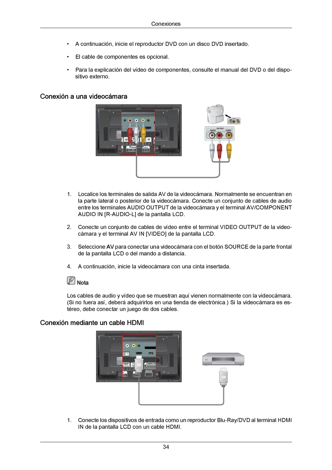 Samsung LH46DLPLGD/EN, LH40DLPLGD/EN, LH46DLTLGD/EN manual Conexión a una videocámara, Conexión mediante un cable Hdmi 