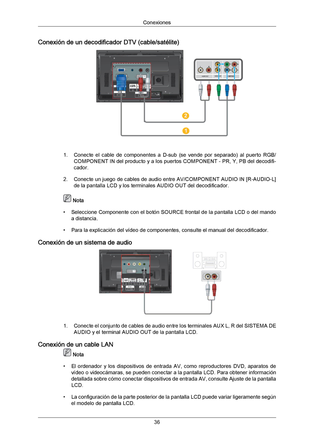 Samsung LH46MGQLGD/EN, LH40DLPLGD/EN manual Conexión de un decodificador DTV cable/satélite, Conexión de un sistema de audio 