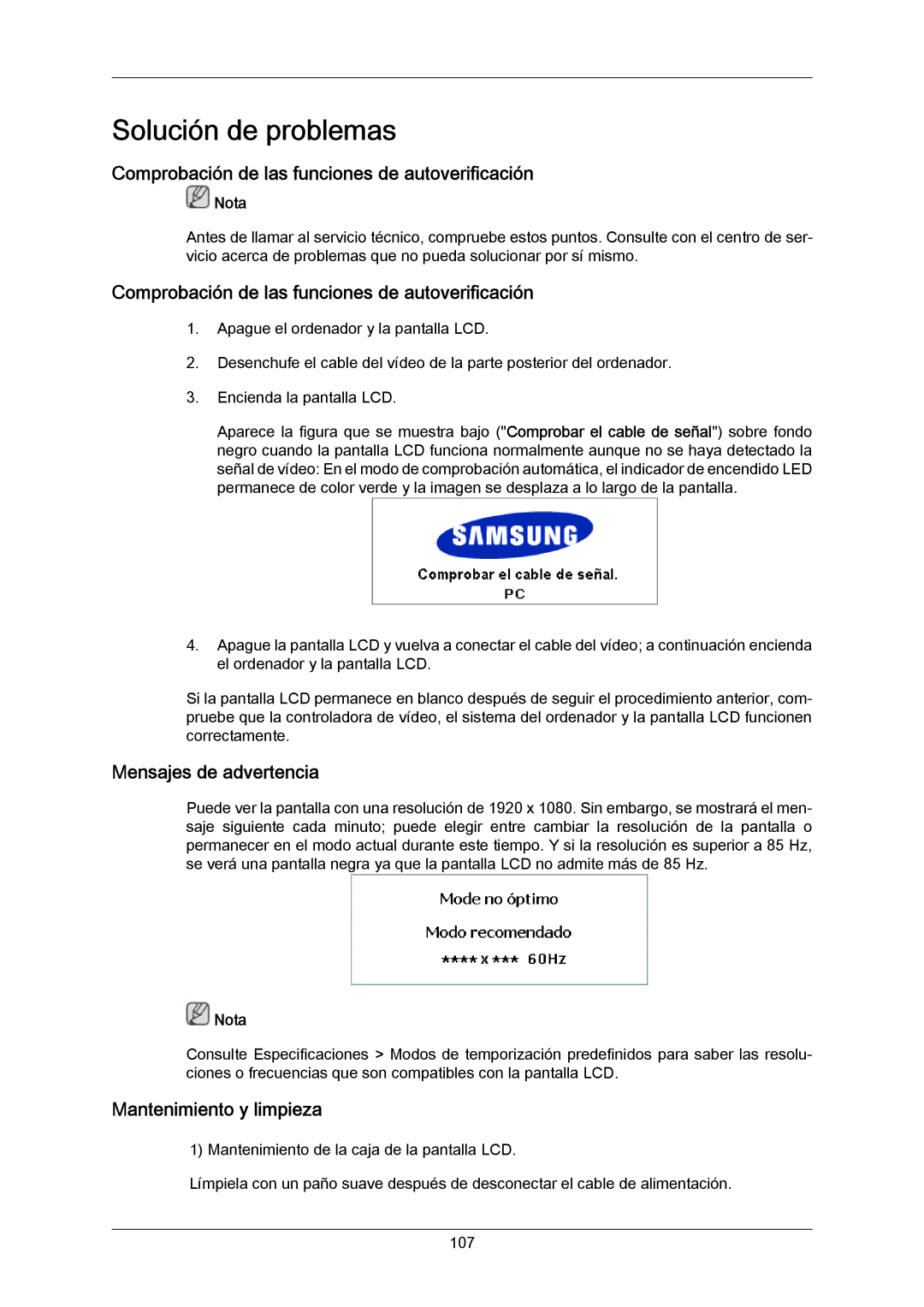 Samsung LH40MGULGD/EN Comprobación de las funciones de autoverificación, Mensajes de advertencia, Mantenimiento y limpieza 