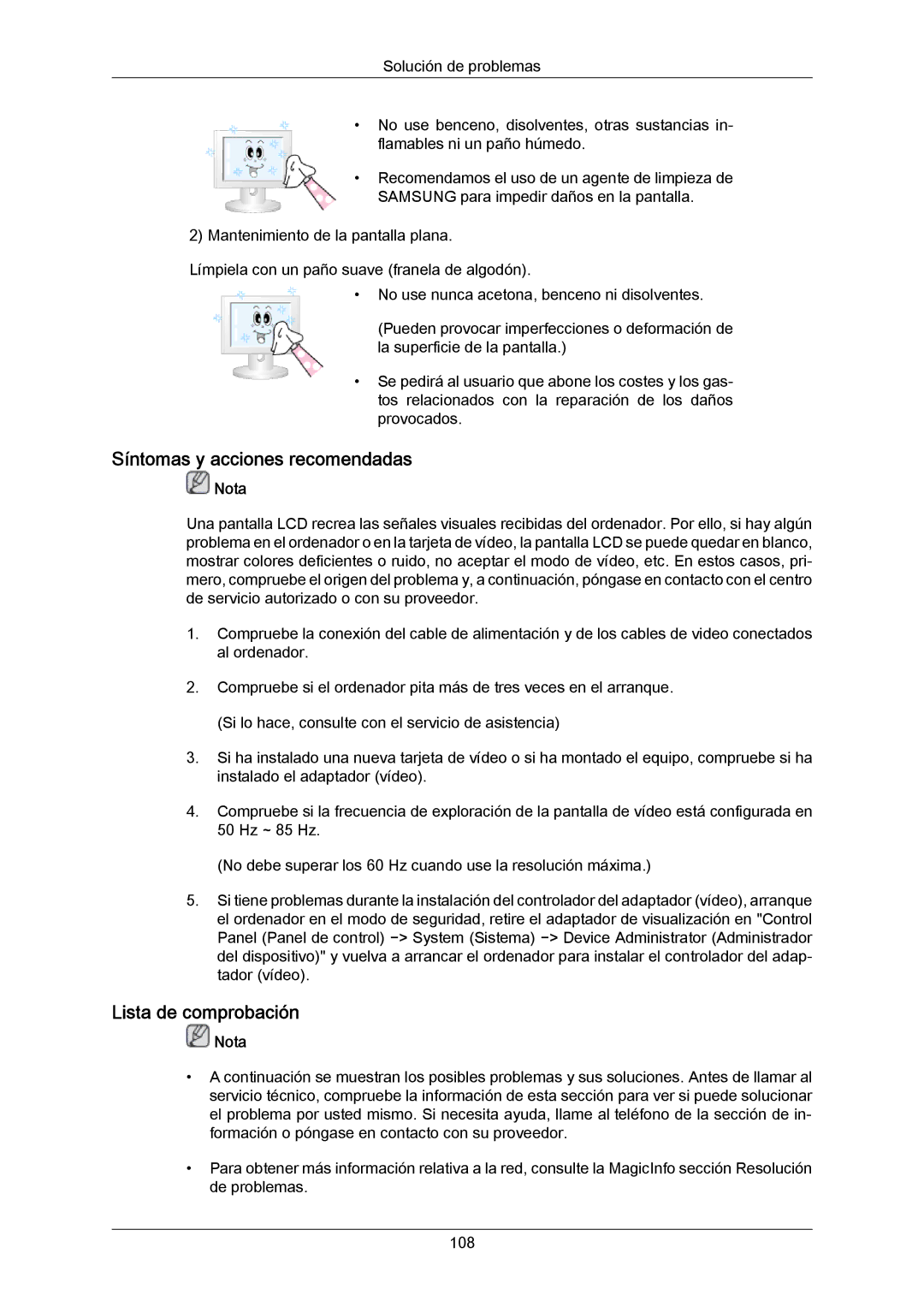 Samsung LH40DLPLGD/EN, LH46DLTLGD/EN, LH40DLTLGD/EN, LH46DLPLGD/EN Síntomas y acciones recomendadas, Lista de comprobación 