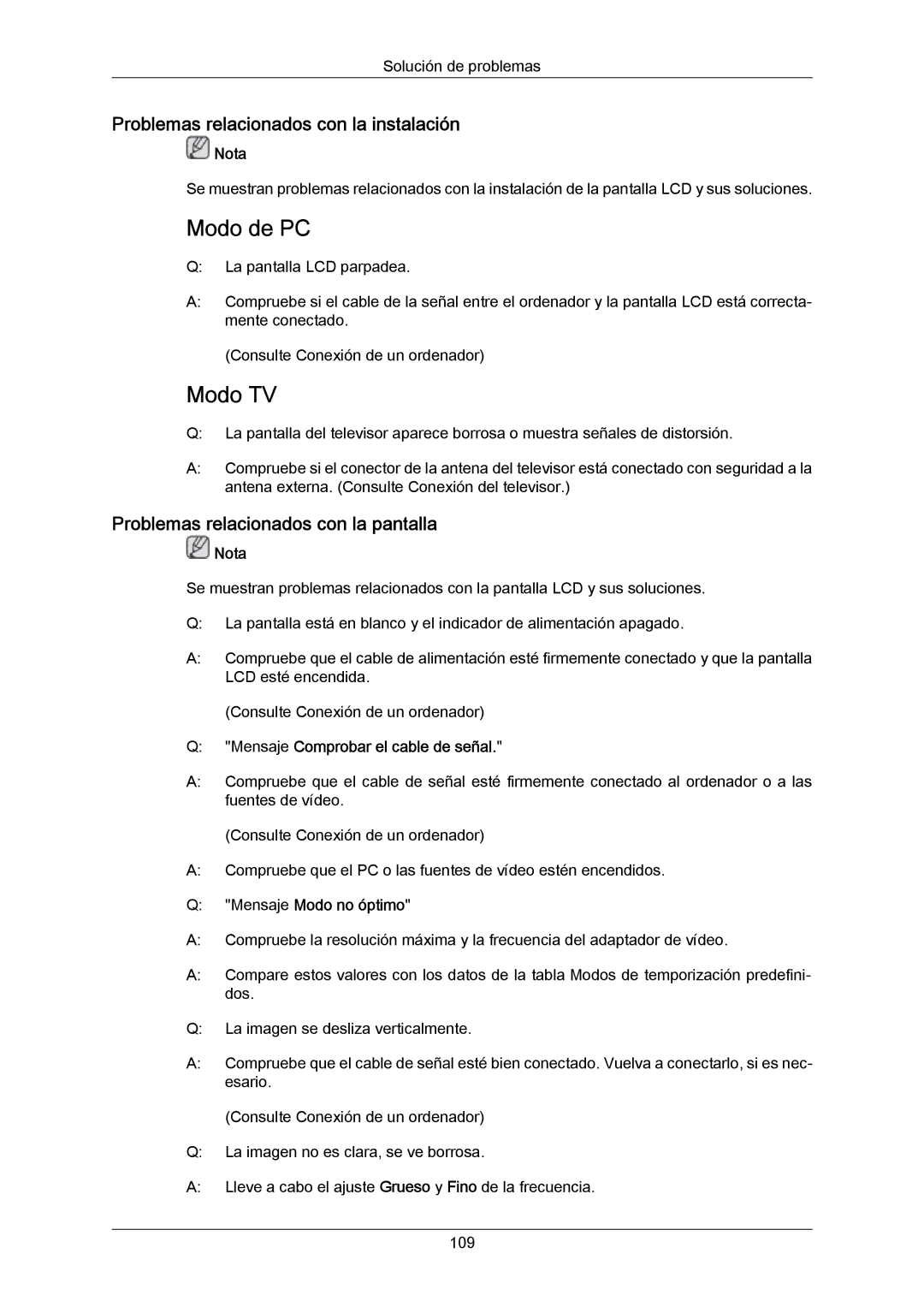 Samsung LH46DLTLGD/EN, LH40DLPLGD/EN Problemas relacionados con la instalación, Problemas relacionados con la pantalla 