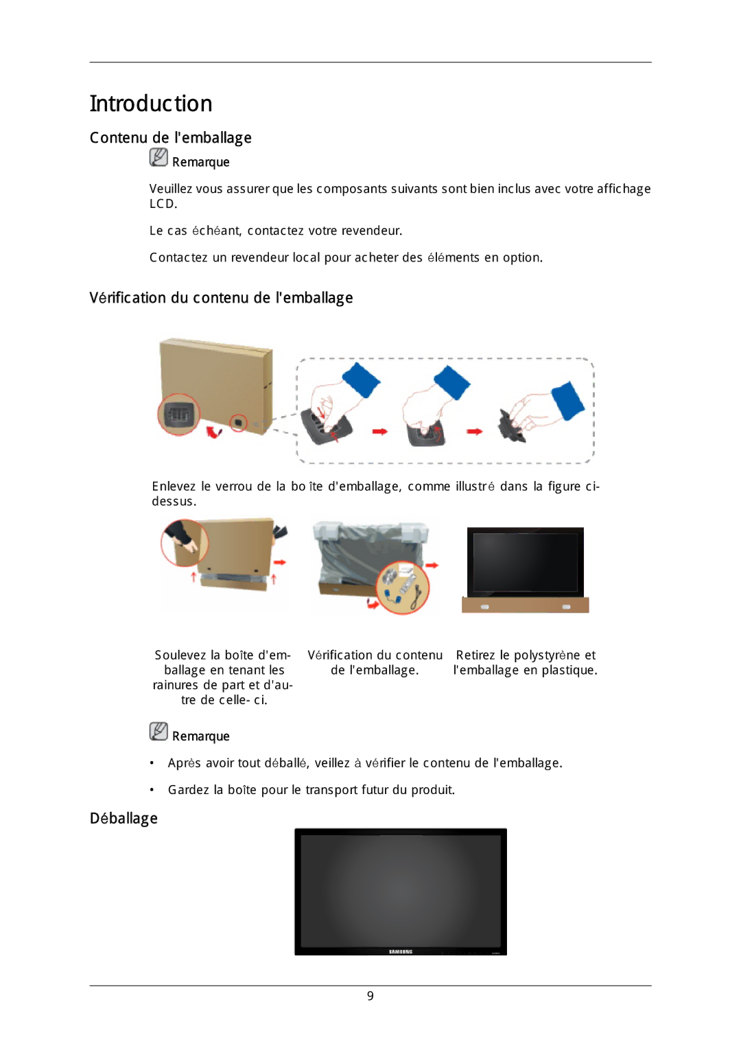 Samsung LH40DLTLGD/EN, LH40DLPLGD/EN, LH46DLTLGD/EN Contenu de lemballage, Vérification du contenu de lemballage, Déballage 