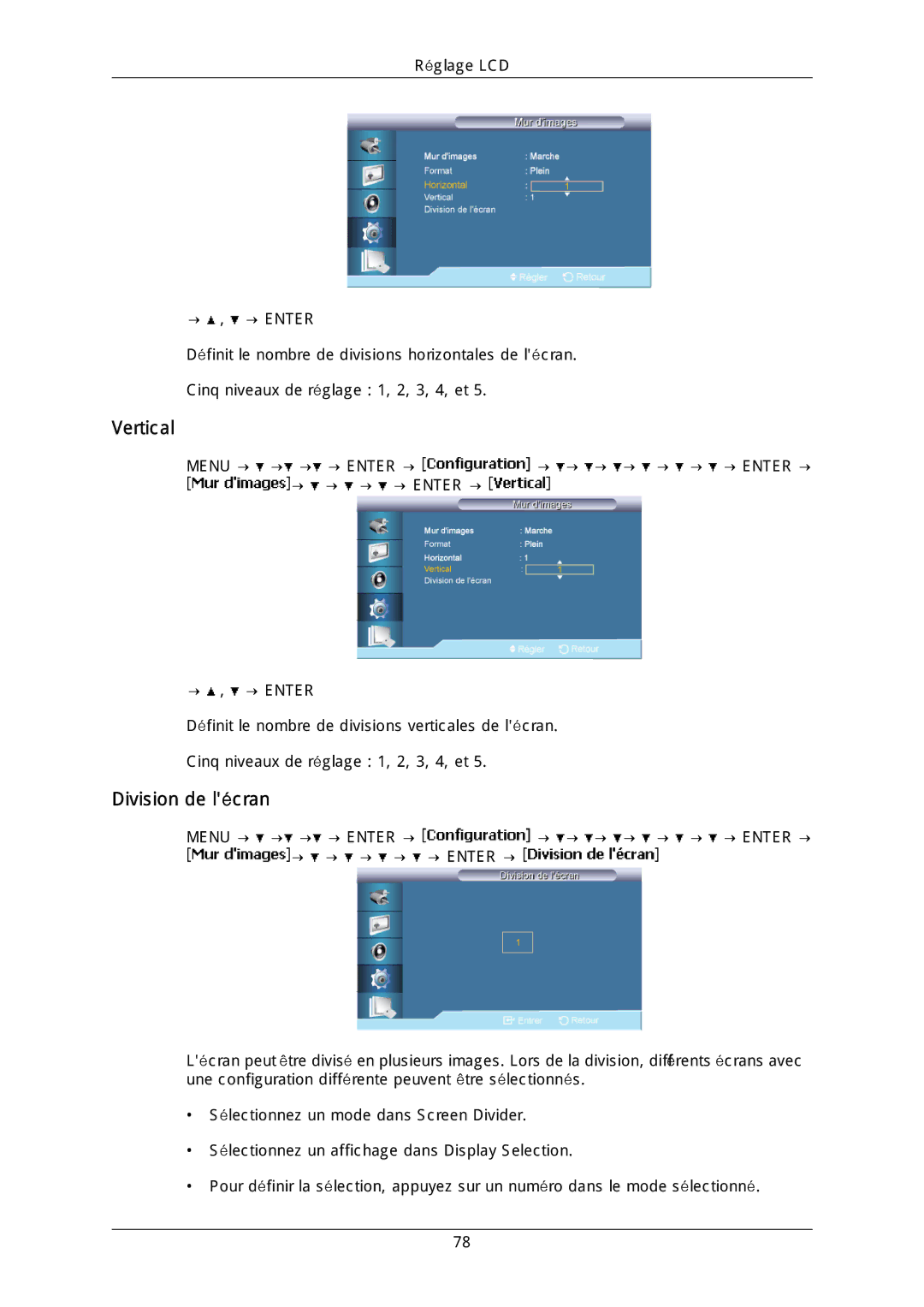 Samsung LH46DLTLGD/EN, LH40DLPLGD/EN, LH40DLTLGD/EN, LH46DLPLGD/EN manual Vertical, Division de lécran 