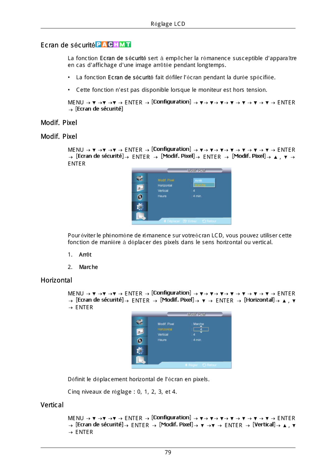 Samsung LH40DLTLGD/EN, LH40DLPLGD/EN, LH46DLTLGD/EN, LH46DLPLGD/EN manual Ecran de sécurité, Modif. Pixel 