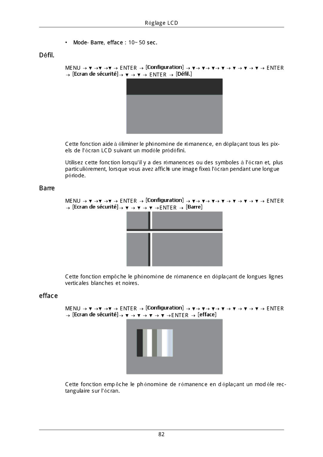 Samsung LH46DLTLGD/EN, LH40DLPLGD/EN, LH40DLTLGD/EN, LH46DLPLGD/EN manual Défil, Efface, Mode-Barre,efface 10~50 sec 