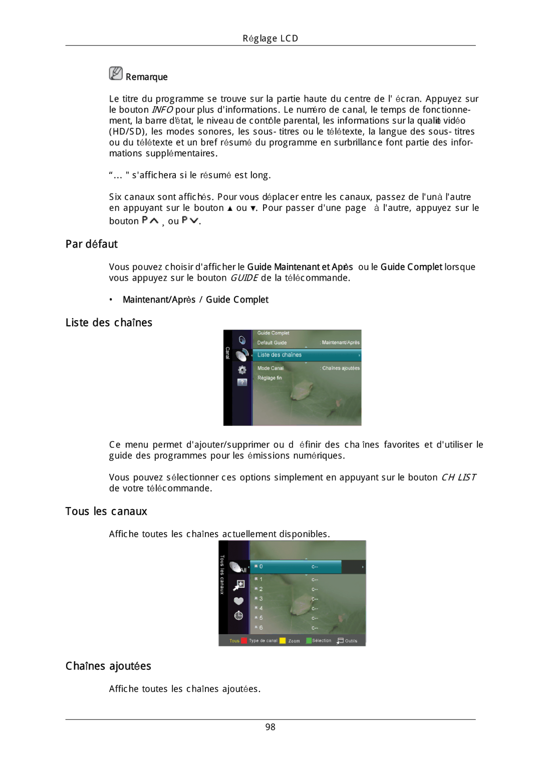 Samsung LH46DLTLGD/EN Par défaut, Liste des chaînes, Tous les canaux, Chaînes ajoutées, Maintenant/Après / Guide Complet 