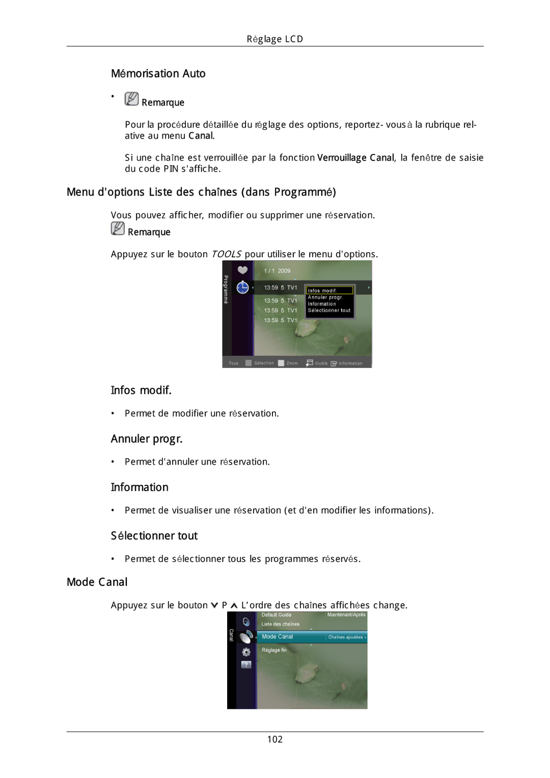 Samsung LH46DLTLGD/EN Menu doptions Liste des chaînes dans Programmé, Infos modif, Annuler progr, Information, Mode Canal 