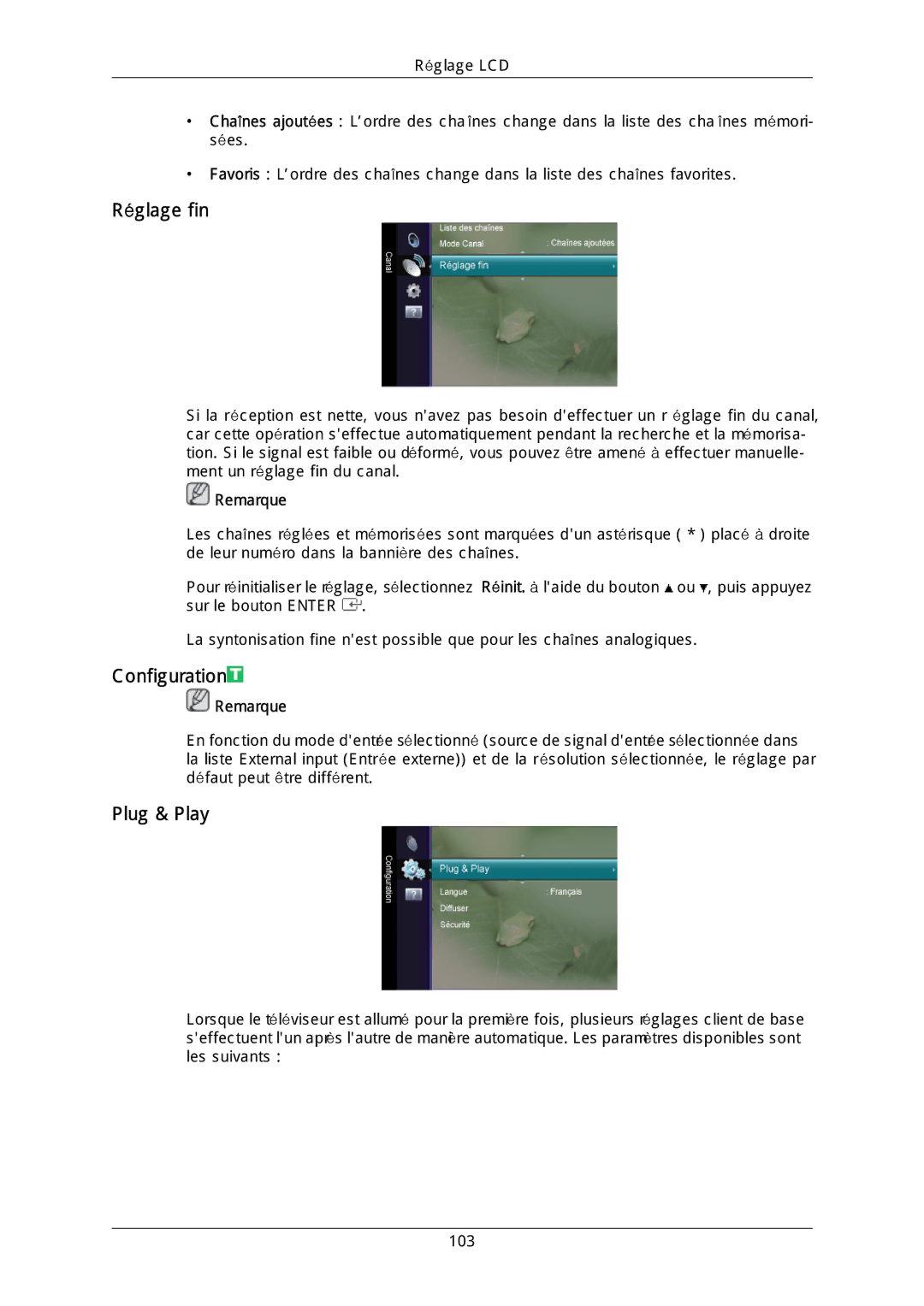 Samsung LH40DLTLGD/EN, LH40DLPLGD/EN, LH46DLTLGD/EN, LH46DLPLGD/EN manual Réglage fin, Configuration, Plug & Play 