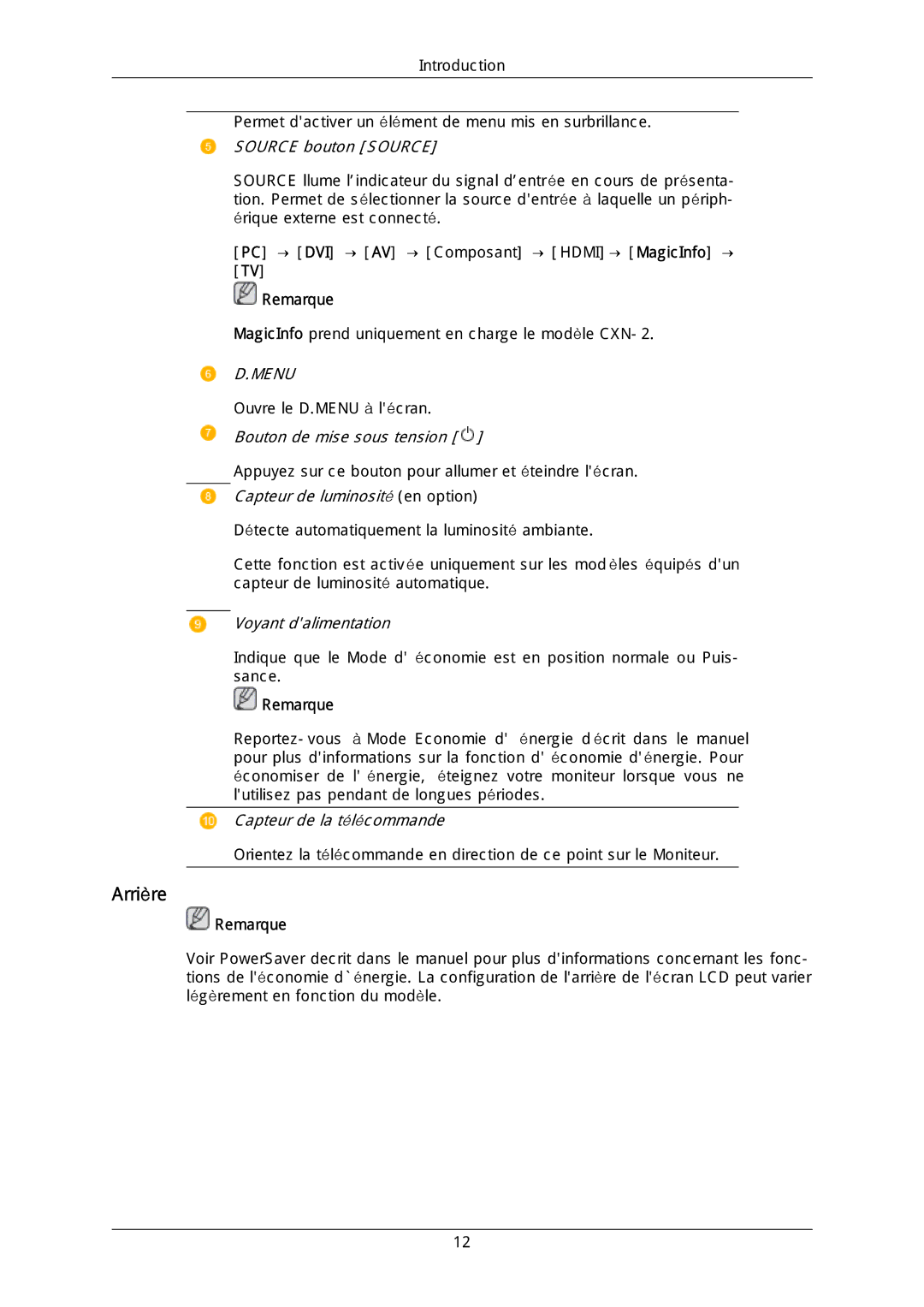 Samsung LH46DLTLGD/EN, LH40DLPLGD/EN, LH40DLTLGD/EN, LH46DLPLGD/EN manual Arrière, Source bouton Source 