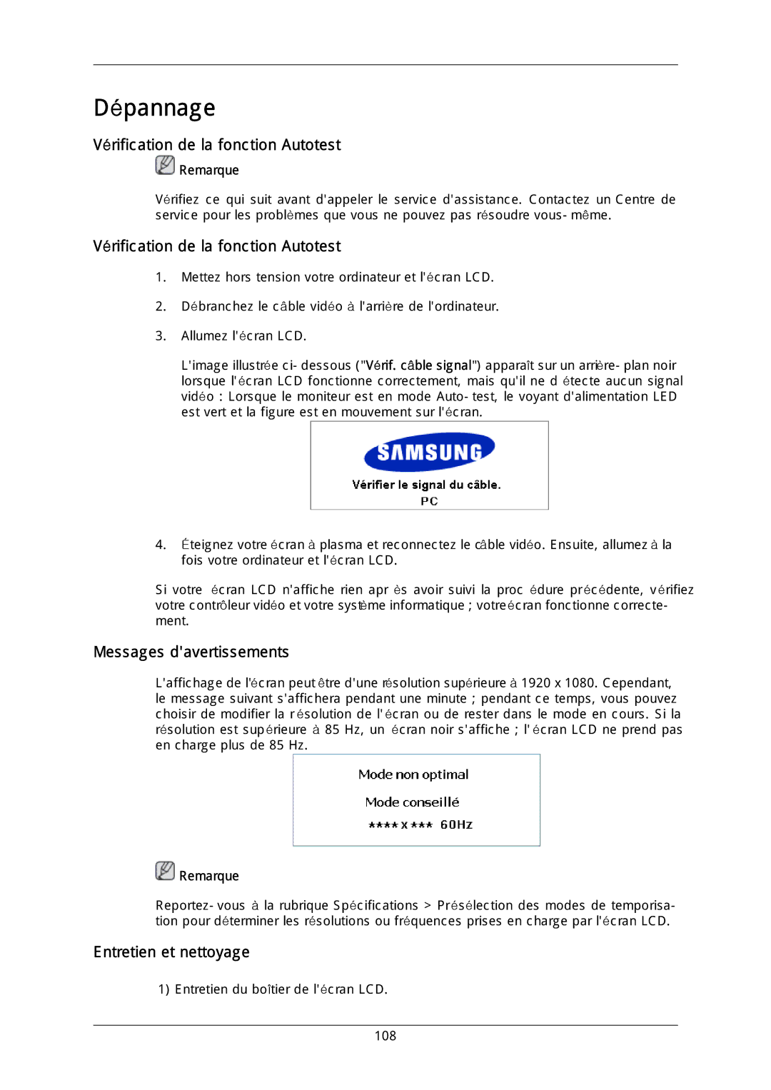 Samsung LH46DLPLGD/EN manual Vérification de la fonction Autotest, Messages davertissements, Entretien et nettoyage 