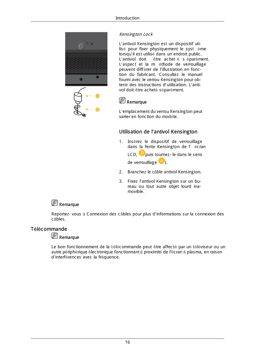 Samsung LH46DLTLGD/EN, LH40DLPLGD/EN, LH40DLTLGD/EN, LH46DLPLGD/EN manual Utilisation de lantivol Kensington, Télécommande 