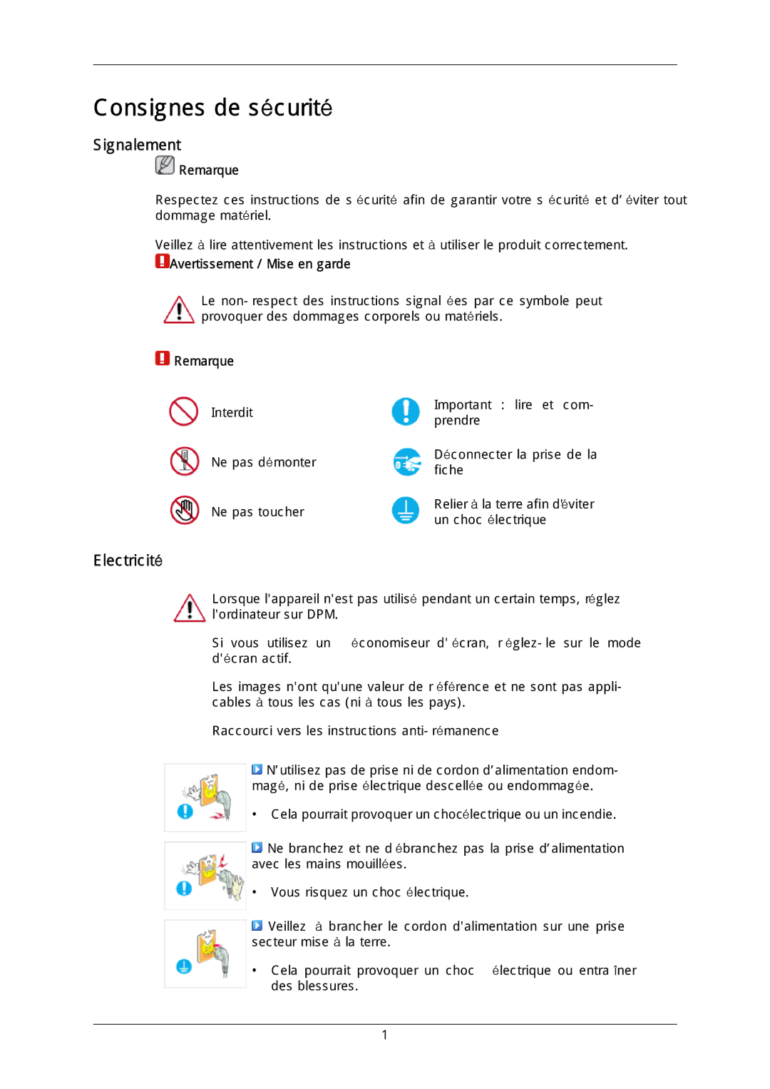 Samsung LH40DLTLGD/EN, LH40DLPLGD/EN, LH46DLTLGD/EN manual Signalement, Electricité, Remarque, Avertissement / Mise en garde 