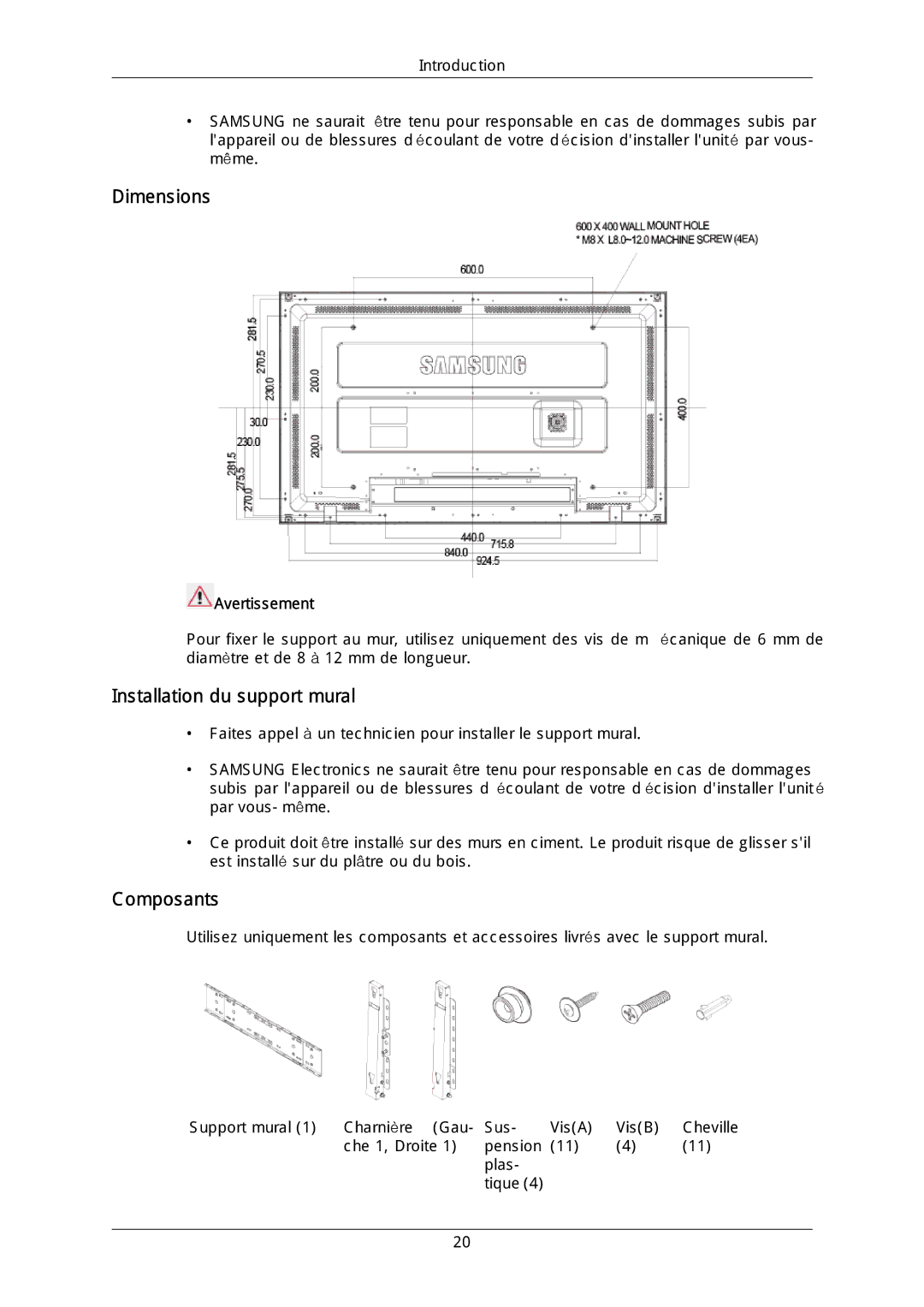 Samsung LH46DLTLGD/EN, LH40DLPLGD/EN, LH40DLTLGD/EN Dimensions, Installation du support mural, Composants, Avertissement 