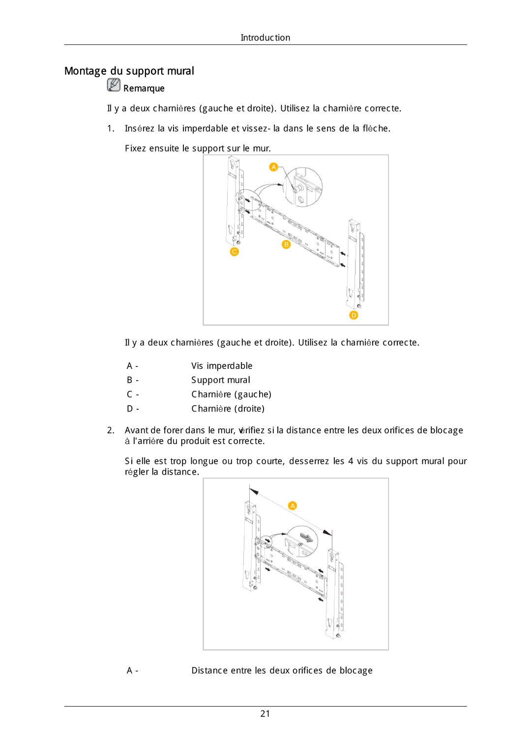 Samsung LH40DLTLGD/EN, LH40DLPLGD/EN, LH46DLTLGD/EN, LH46DLPLGD/EN manual Montage du support mural, Remarque 