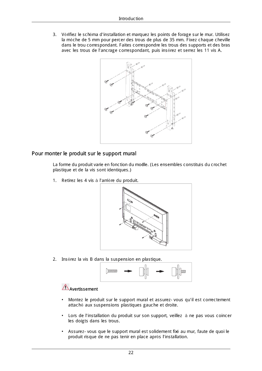 Samsung LH46DLPLGD/EN, LH40DLPLGD/EN, LH46DLTLGD/EN, LH40DLTLGD/EN manual Pour monter le produit sur le support mural 