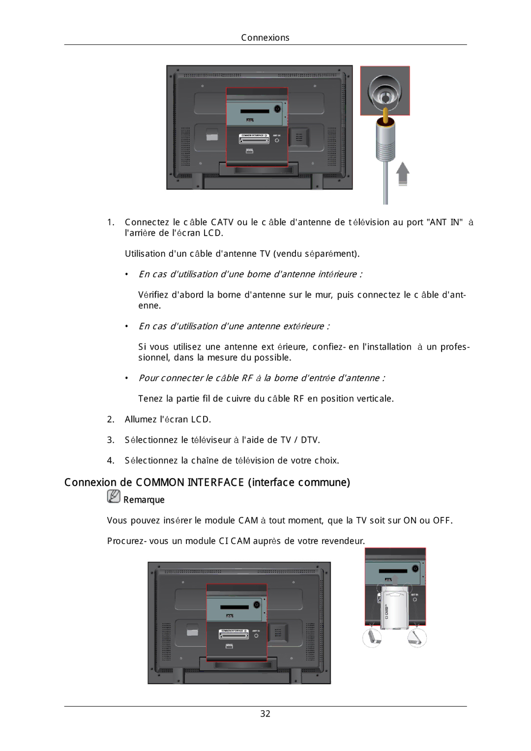 Samsung LH46DLTLGD/EN manual Connexion de Common Interface interface commune, En cas dutilisation dune antenne extérieure 