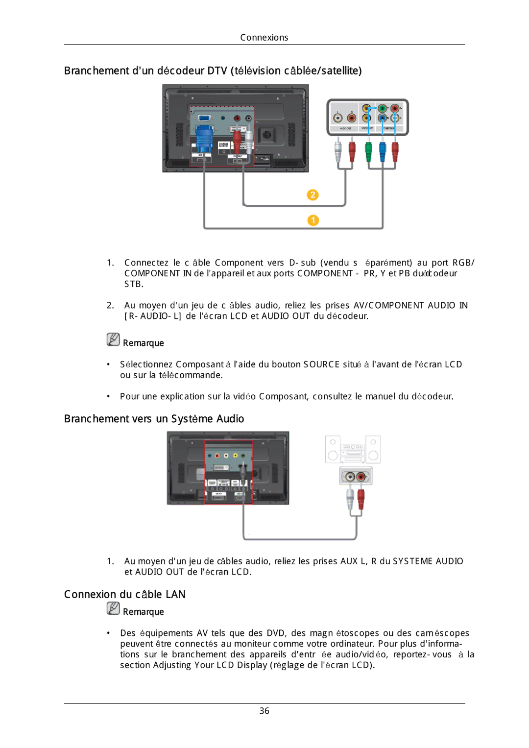 Samsung LH46DLTLGD/EN manual Branchement dun décodeur DTV télévision câblée/satellite, Branchement vers un Système Audio 