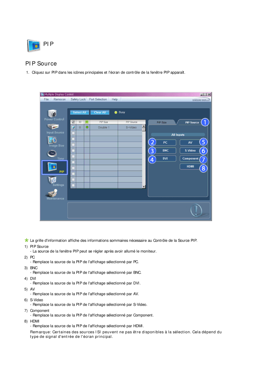 Samsung LH46DLTLGD/EN, LH40DLPLGD/EN, LH40DLTLGD/EN, LH46DLPLGD/EN manual PIP Source 