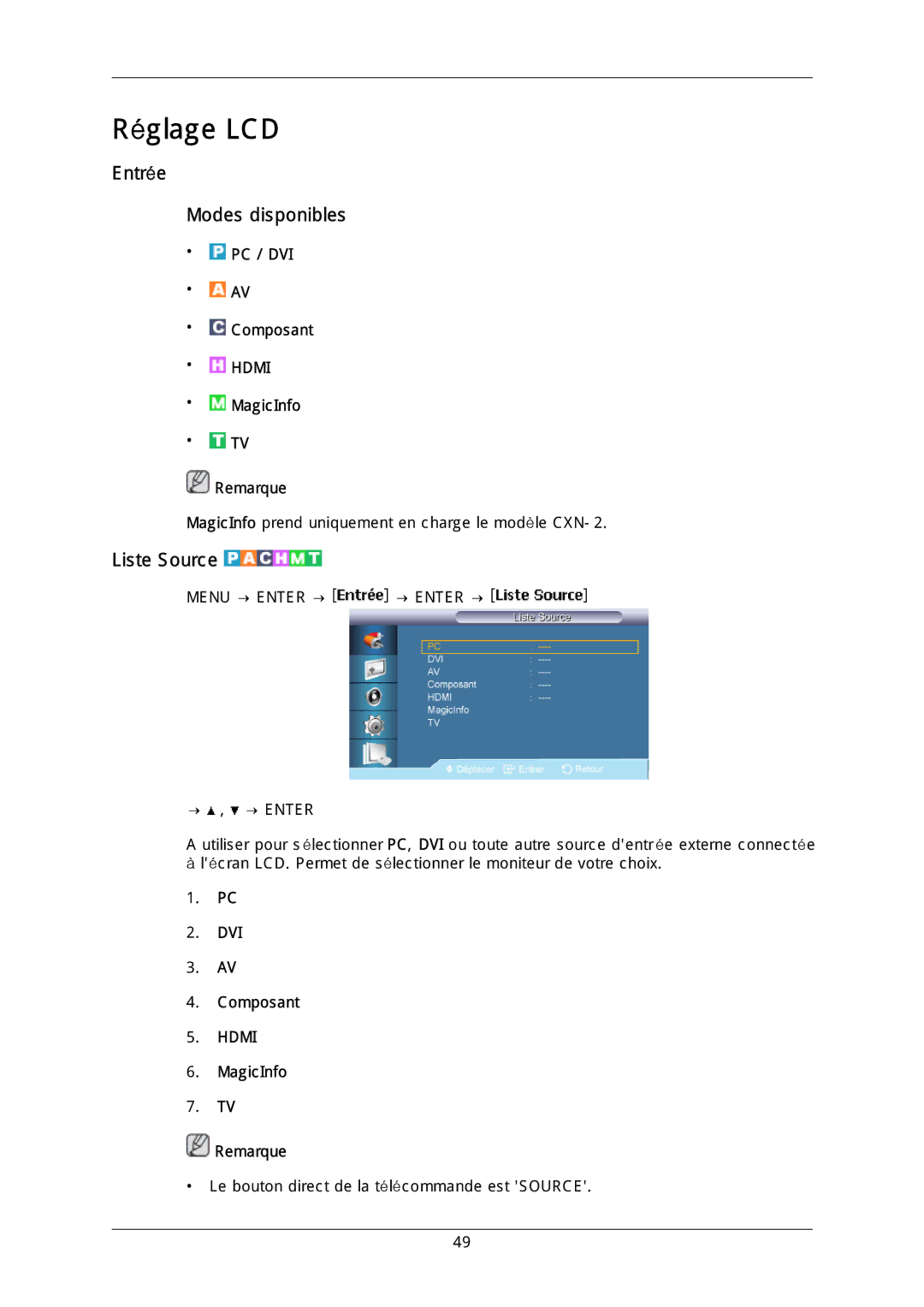 Samsung LH40DLPLGD/EN, LH46DLTLGD/EN manual Entrée Modes disponibles, Liste Source, PC / DVI Composant, MagicInfo Remarque 