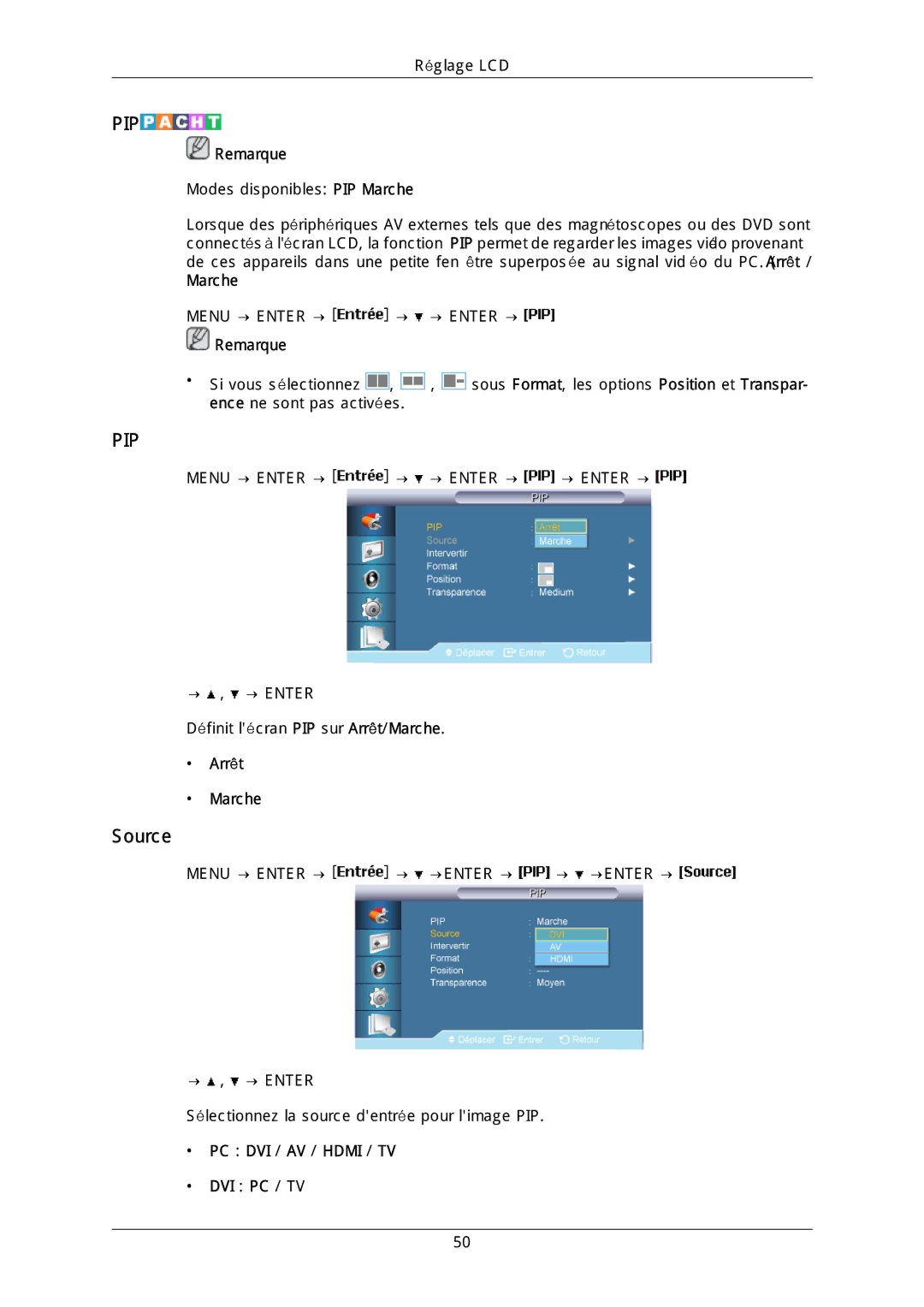 Samsung LH46DLTLGD/EN, LH40DLPLGD/EN, LH40DLTLGD/EN manual Source, Arrêt Marche, PC DVI / AV / Hdmi / TV DVI PC / TV 