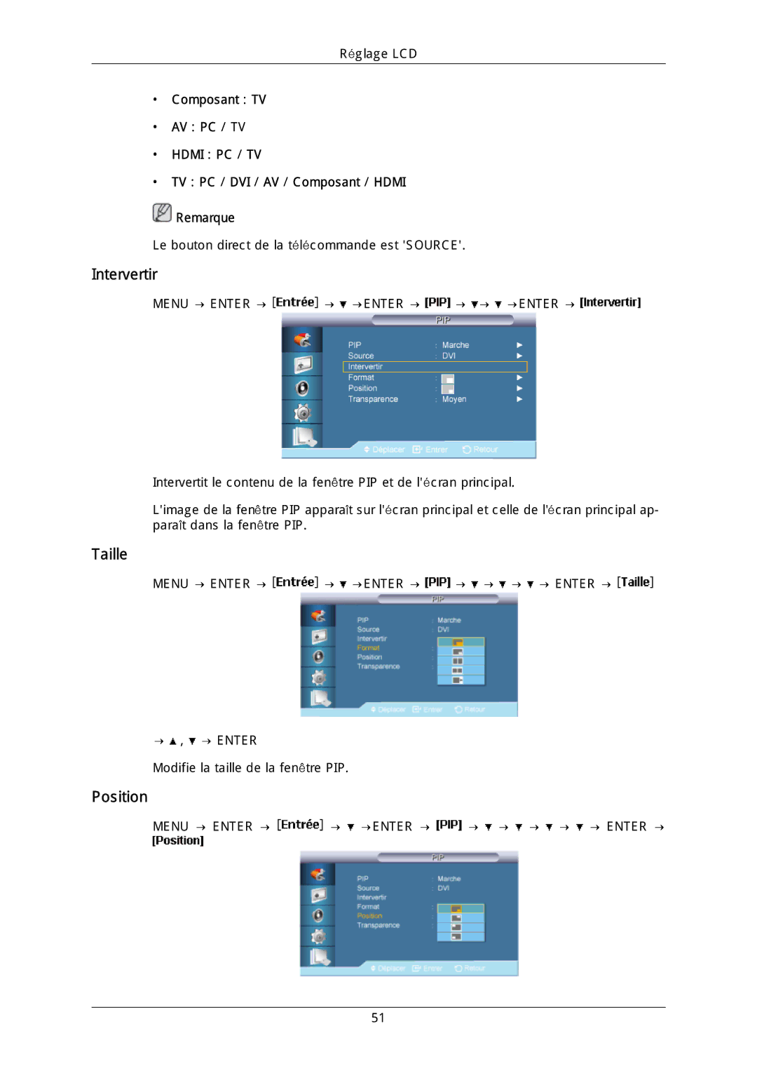 Samsung LH40DLTLGD/EN, LH40DLPLGD/EN, LH46DLTLGD/EN, LH46DLPLGD/EN manual Intervertir, Taille, Position 