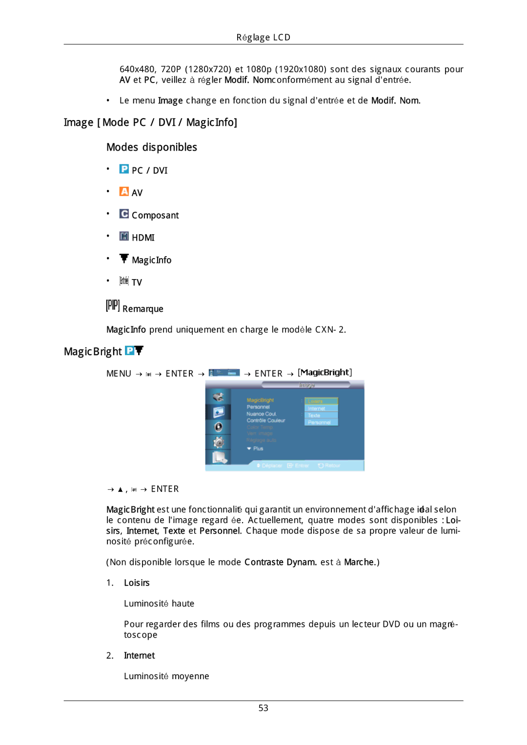 Samsung LH40DLPLGD/EN, LH46DLTLGD/EN Image Mode PC / DVI / MagicInfo Modes disponibles, MagicBright, Loisirs, Internet 