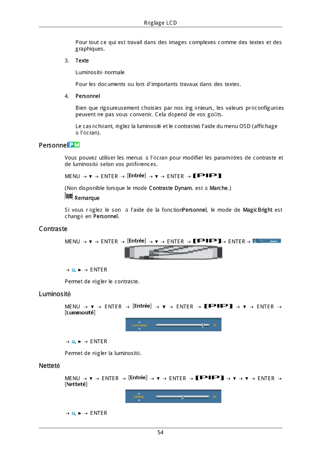 Samsung LH46DLTLGD/EN, LH40DLPLGD/EN, LH40DLTLGD/EN, LH46DLPLGD/EN manual Personnel, Contraste, Luminosité, Netteté 