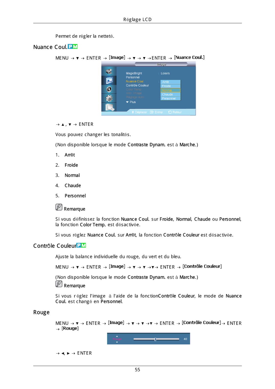 Samsung LH40DLTLGD/EN, LH40DLPLGD/EN Nuance Coul, Contrôle Couleur, Rouge, Arrêt Froide Normal Chaude Personnel Remarque 