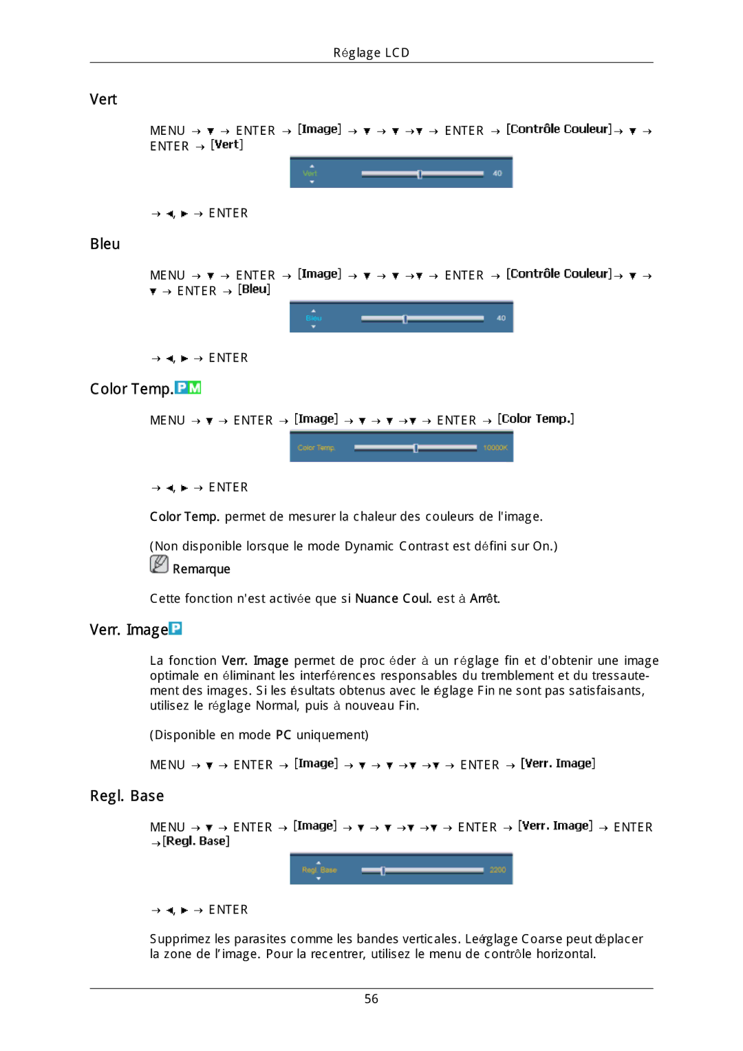 Samsung LH46DLPLGD/EN, LH40DLPLGD/EN, LH46DLTLGD/EN, LH40DLTLGD/EN manual Vert, Bleu, Color Temp, Verr. Image, Regl. Base 