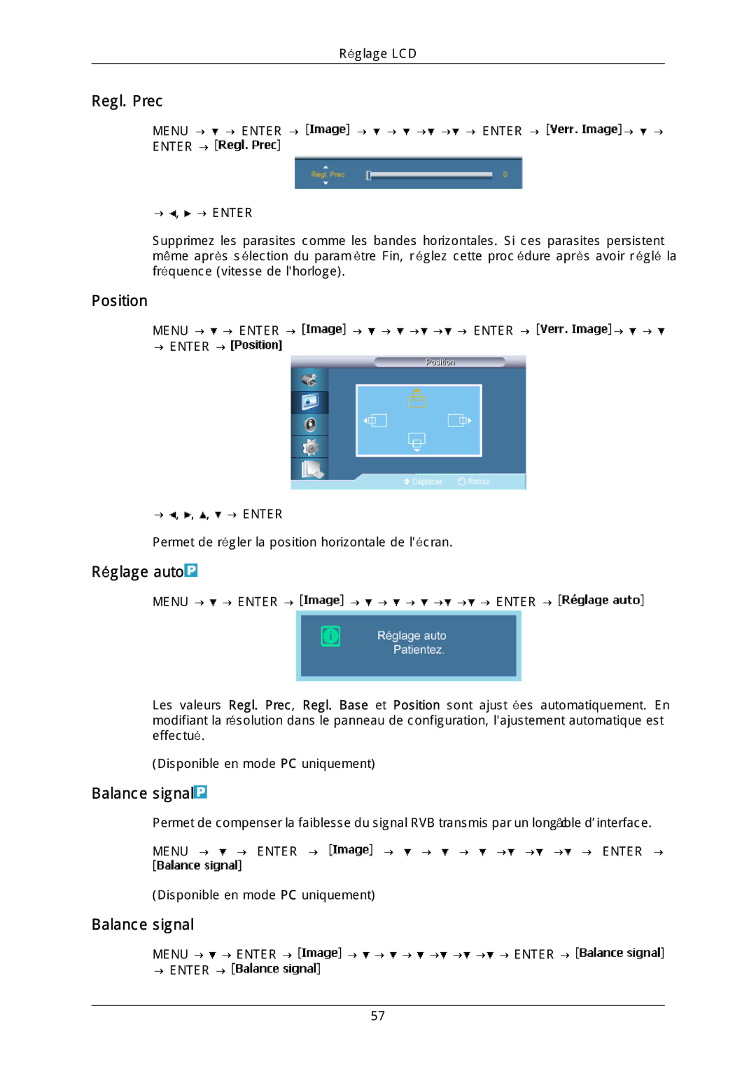 Samsung LH40DLPLGD/EN, LH46DLTLGD/EN, LH40DLTLGD/EN, LH46DLPLGD/EN manual Regl. Prec, Réglage auto, Balance signal 