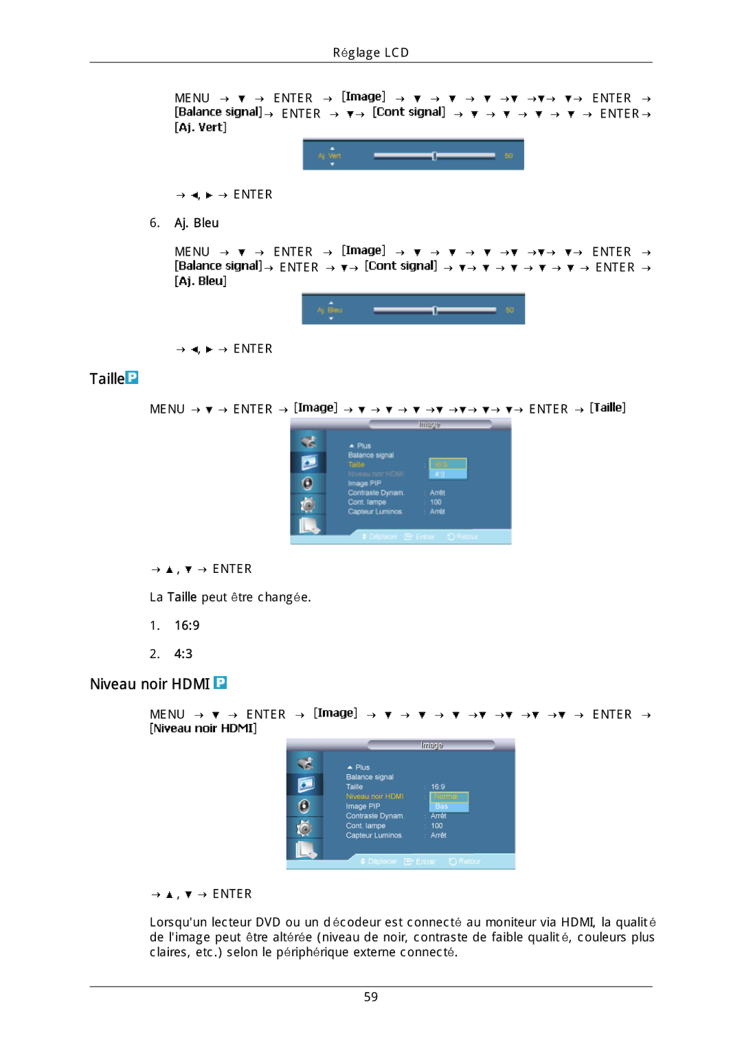 Samsung LH40DLTLGD/EN, LH40DLPLGD/EN, LH46DLTLGD/EN, LH46DLPLGD/EN manual Niveau noir Hdmi, Aj. Bleu 