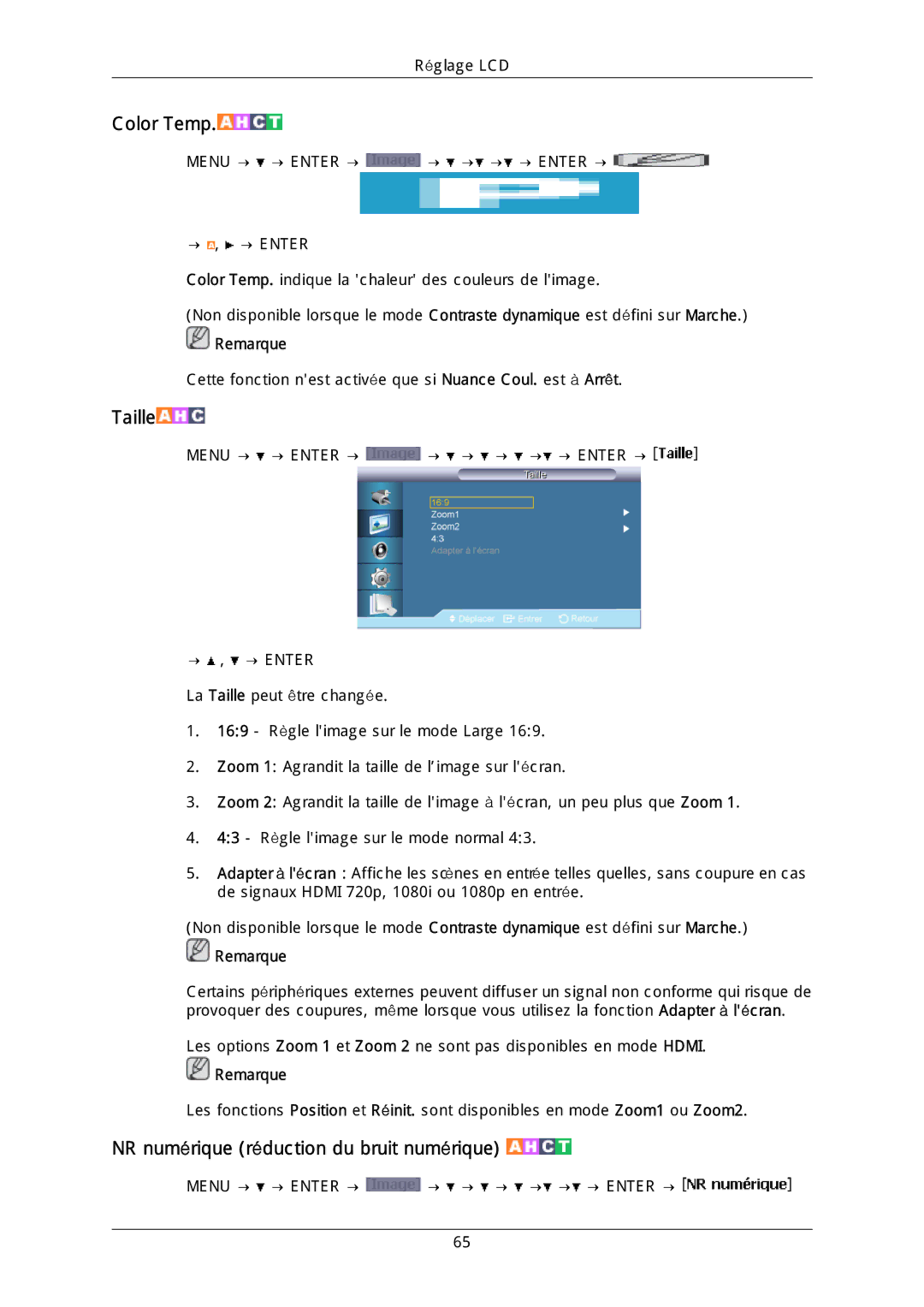 Samsung LH40DLPLGD/EN, LH46DLTLGD/EN, LH40DLTLGD/EN, LH46DLPLGD/EN Color Temp, NR numérique réduction du bruit numérique 