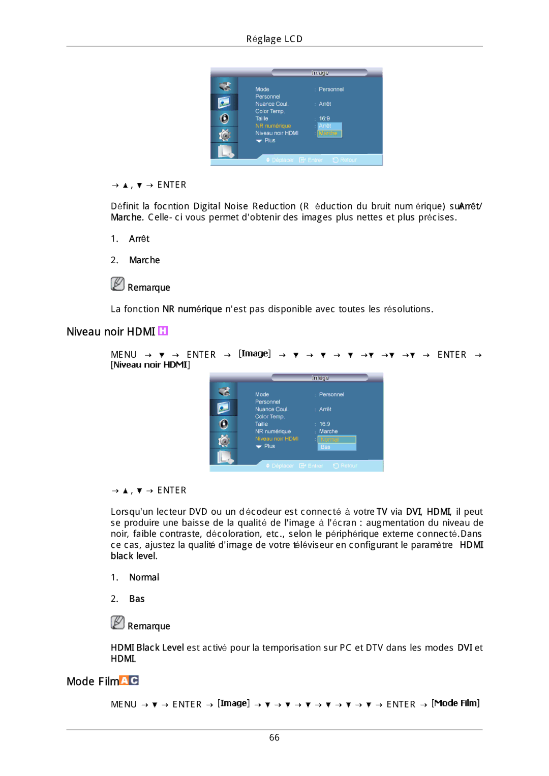 Samsung LH46DLTLGD/EN, LH40DLPLGD/EN, LH40DLTLGD/EN, LH46DLPLGD/EN manual Mode Film, Arrêt Marche Remarque 